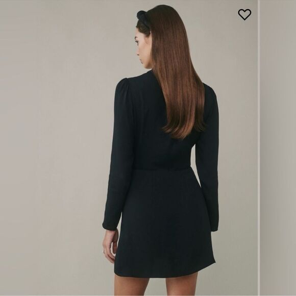 Reformation Hugh Black Collared Long Sleeve Mini Dress Gold Button Down Size 8 - Picture 3 of 10